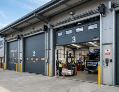Commercial garage with secure overhead doors designed to improve business security and operational efficiency