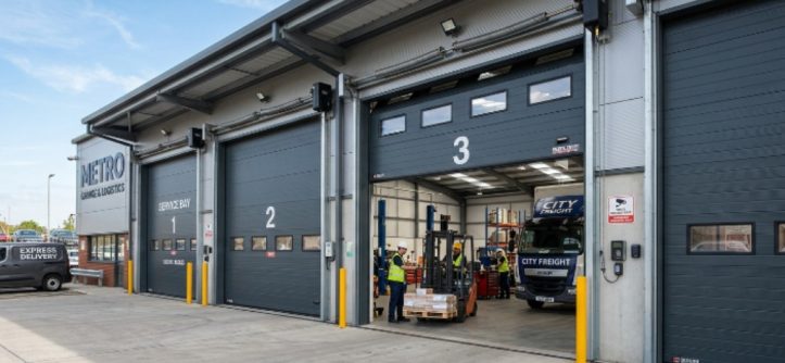 Commercial garage with secure overhead doors designed to improve business security and operational efficiency