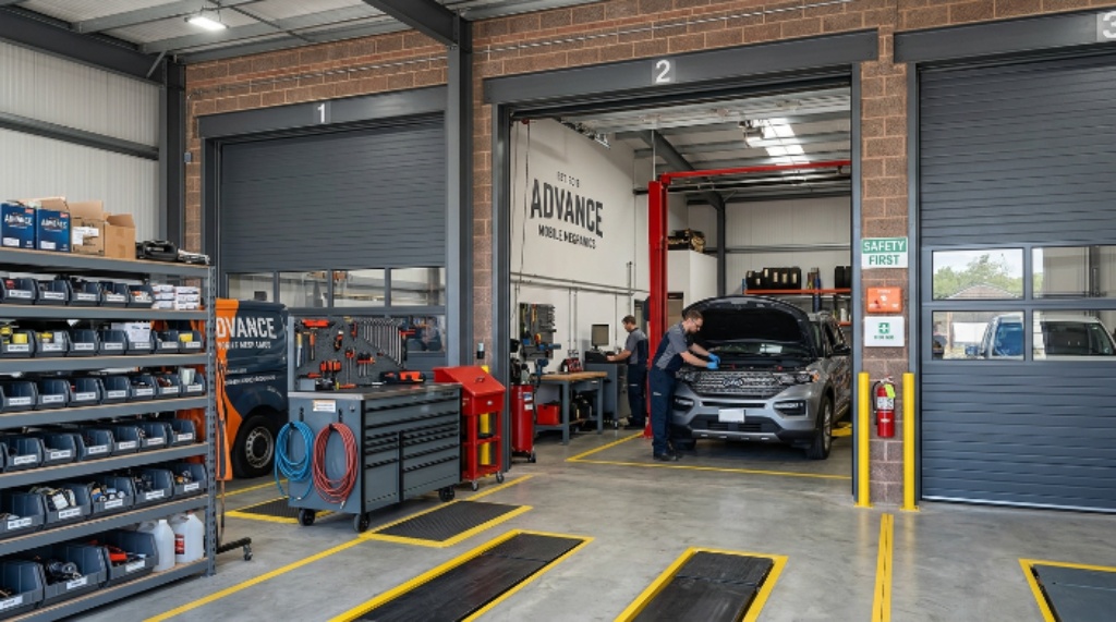 Modern business garage featuring organized storage and durable doors for efficient daily operations and workplace safety