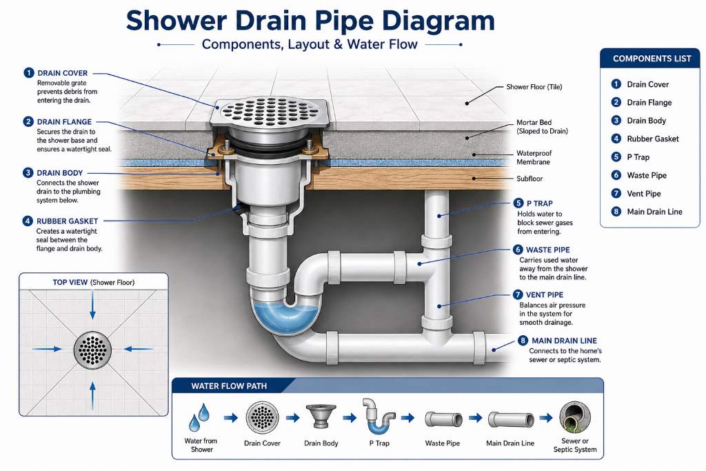 Complete shower drainage layout beneath bathroom floor