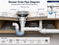 Shower drain pipe diagram with labeled plumbing parts