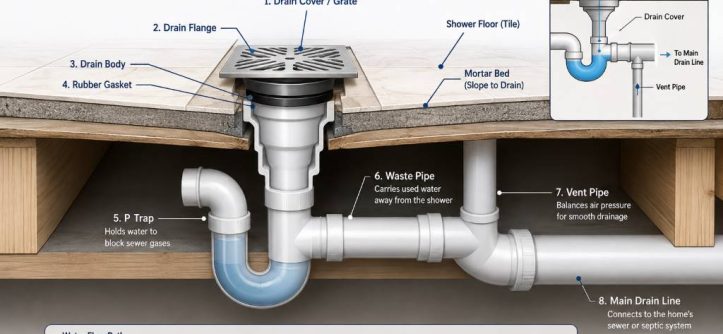 Shower drain pipe diagram with labeled plumbing parts