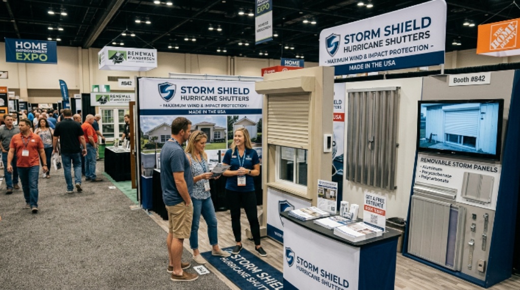 Exhibitor booth showcasing hurricane shutters at a home improvement expo