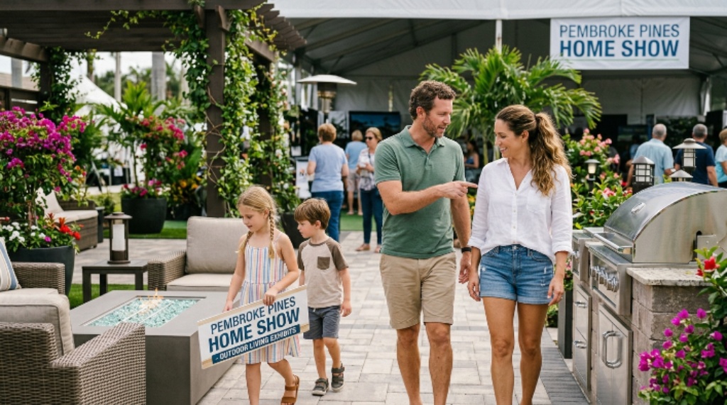 Family exploring outdoor living displays at a Pembroke Pines home show