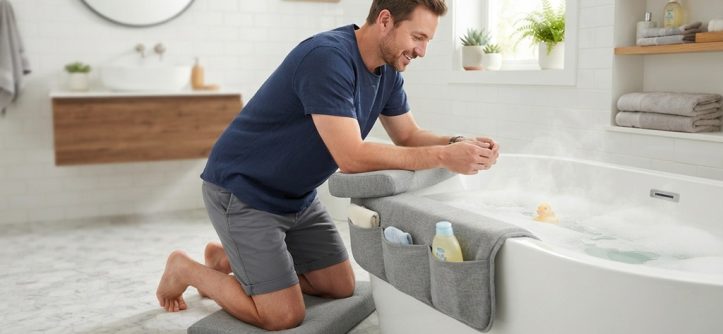 A man using a gray padded bath kneeler and elbow rest set at a bathtub.
