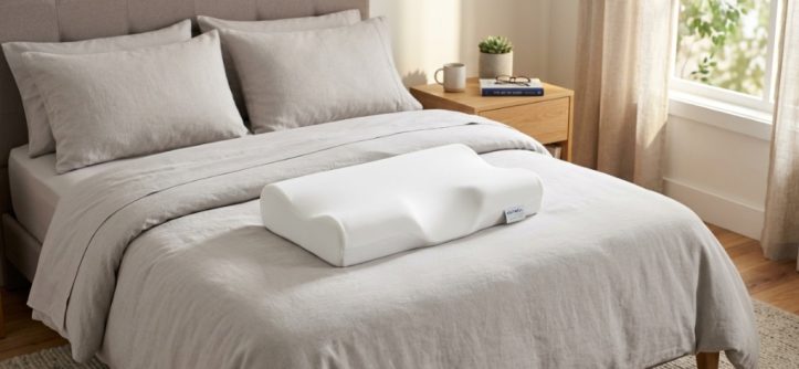 Ergonomic cervical memory foam pillow resting on a modern neutral bed.