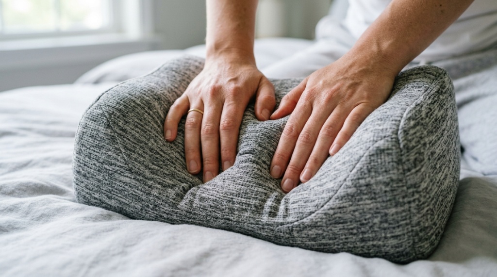 Close-up of a soft memory foam knee pillow.