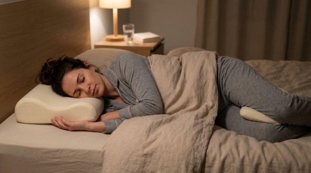 Woman sleeping comfortably on side using orthopedic cervical pillow.