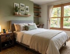 Compact charging nightstand organizing a small modern bedroom in Missouri.