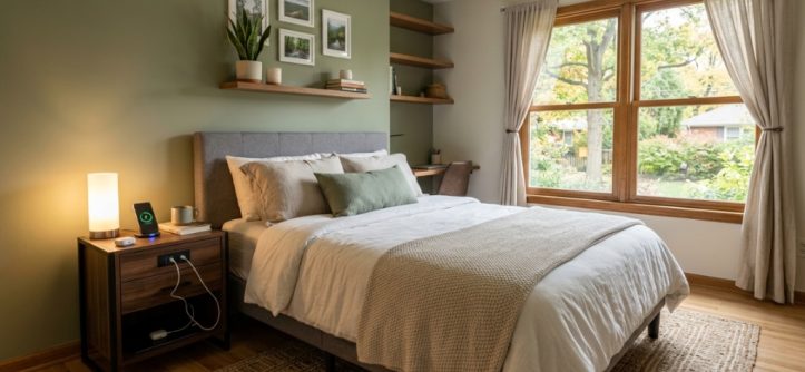 Compact charging nightstand organizing a small modern bedroom in Missouri.