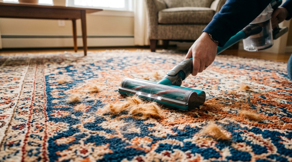 Person using a stick vacuum to clean orange cat hair from a patterned rug.