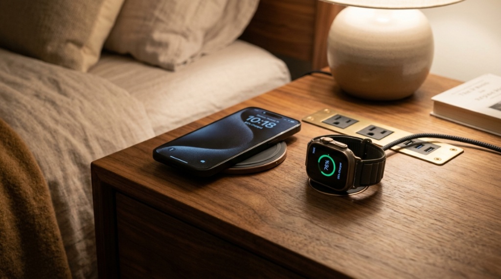 Smartphone and smartwatch charging on a modern bedside nightstand surface.