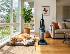 Golden retriever resting near a vacuum on a hardwood floor in a sunny home.