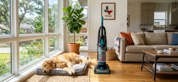Golden retriever resting near a vacuum on a hardwood floor in a sunny home.