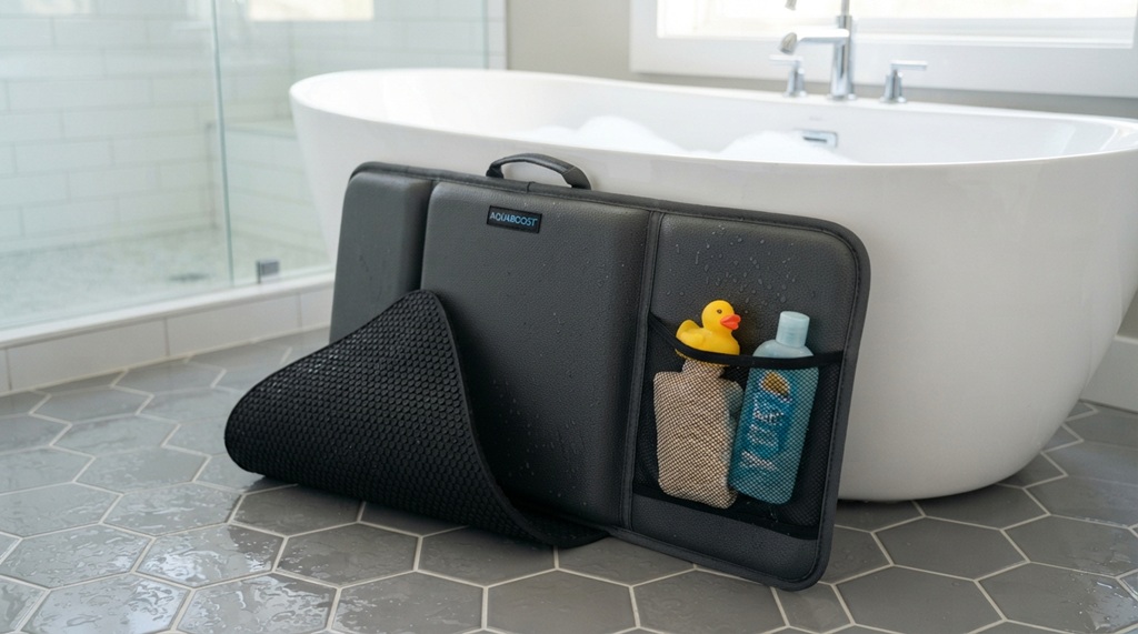 Close-up of waterproof memory foam bath kneeler padding with non-slip backing.
