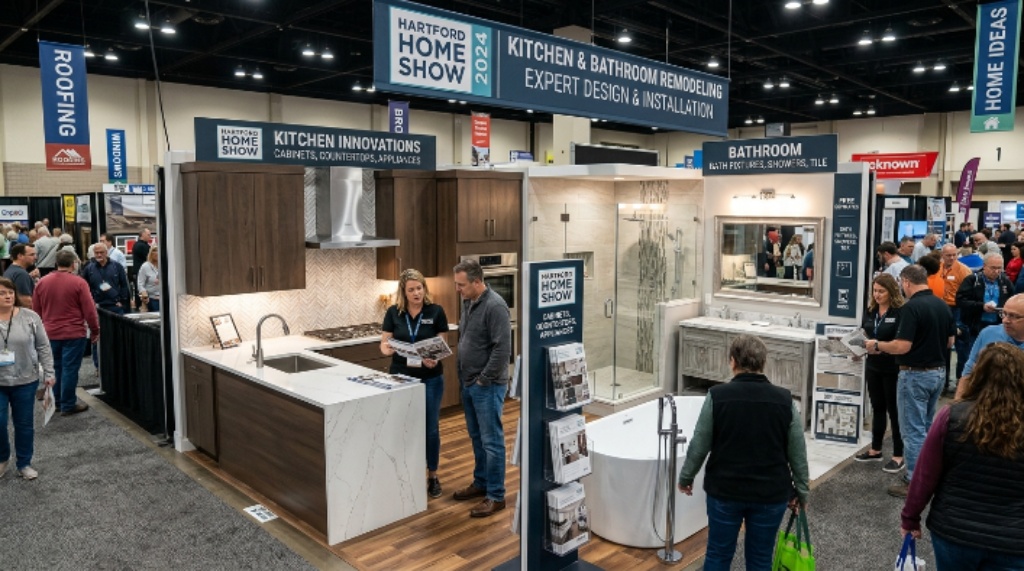 Family exploring landscaping and outdoor living exhibits at a fall home expo