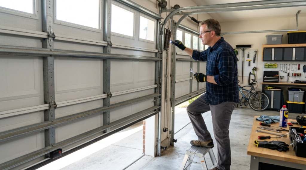 Homeowner organizing and maintaining a garage