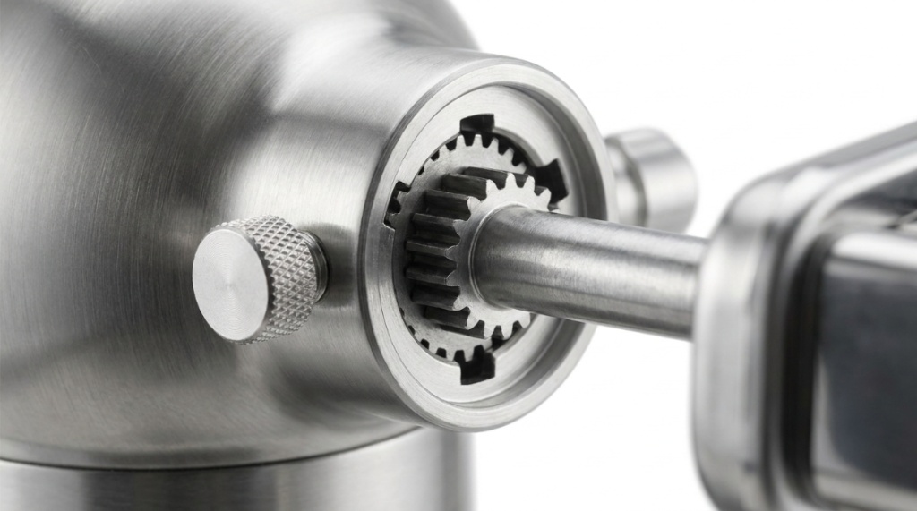Close-up of the metal mixer hub connecting to a pasta maker attachment