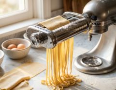 Stainless steel pasta attachment connected to a stand mixer on a kitchen counter