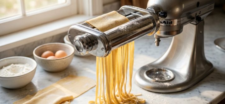 Stainless steel pasta attachment connected to a stand mixer on a kitchen counter