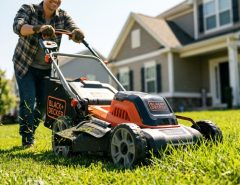 Person mowing a small green lawn with a black and orange electric mower.