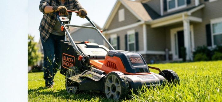 Person mowing a small green lawn with a black and orange electric mower.