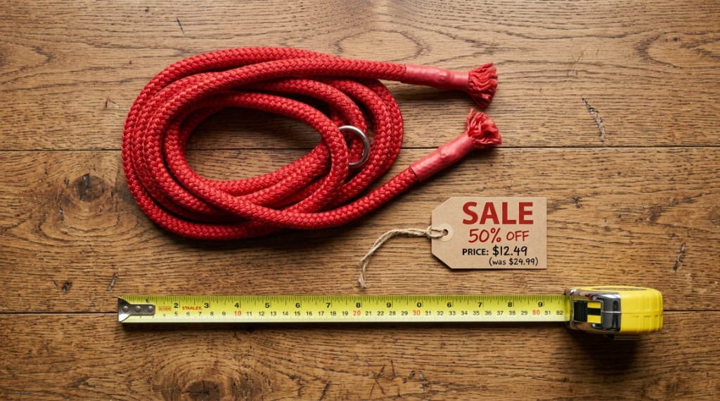 Red gymnastics rope and discount tag on a wooden floor.