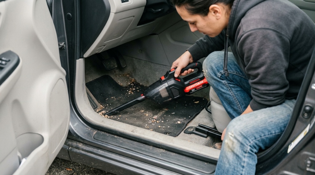 Person cleaning car interior seats using a portable Craftsman wet dry vacuum.