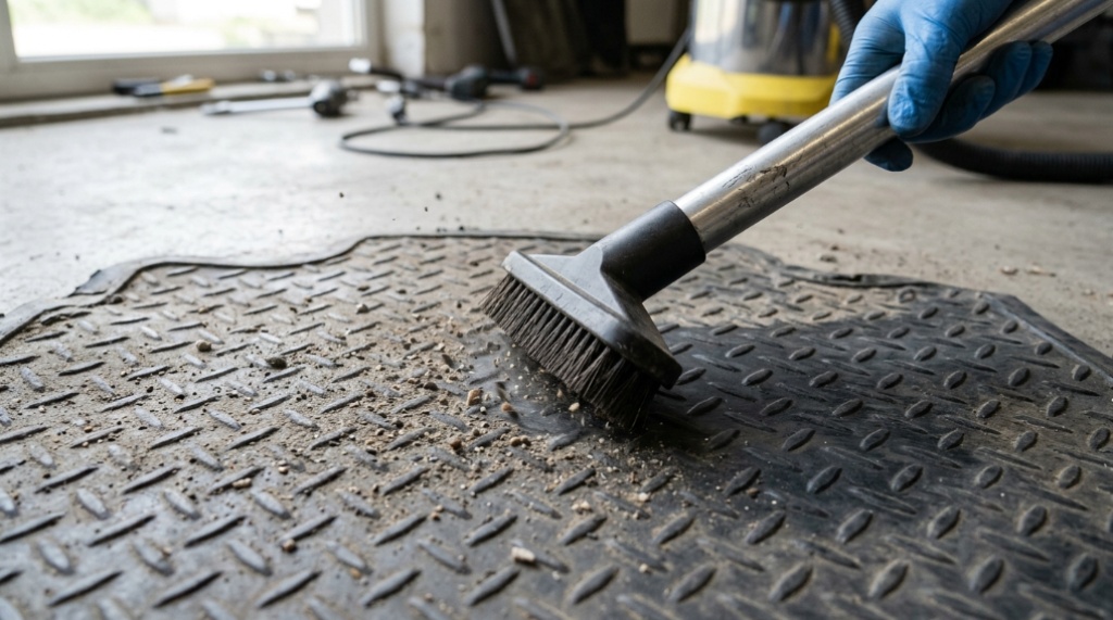 Vacuuming dirt off a rubber car floor mat with a brush attachment.